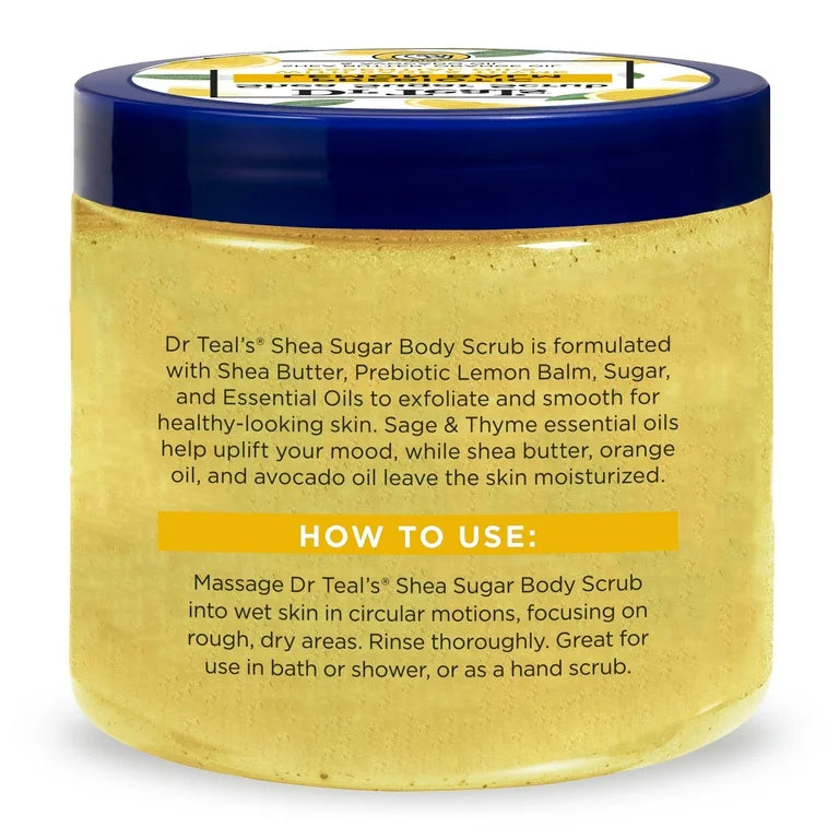 DR TEAL’S SHEA SUGAR BODY SCRUB WITH PREBIOTIC LEMON BALM AND ESSENTIAL OILS, 19oz