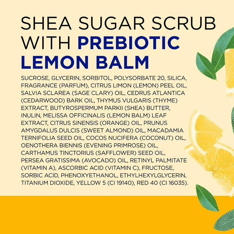 DR TEAL’S SHEA SUGAR BODY SCRUB WITH PREBIOTIC LEMON BALM AND ESSENTIAL OILS, 19oz