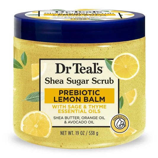 DR TEAL’S SHEA SUGAR BODY SCRUB WITH PREBIOTIC LEMON BALM AND ESSENTIAL OILS, 19oz