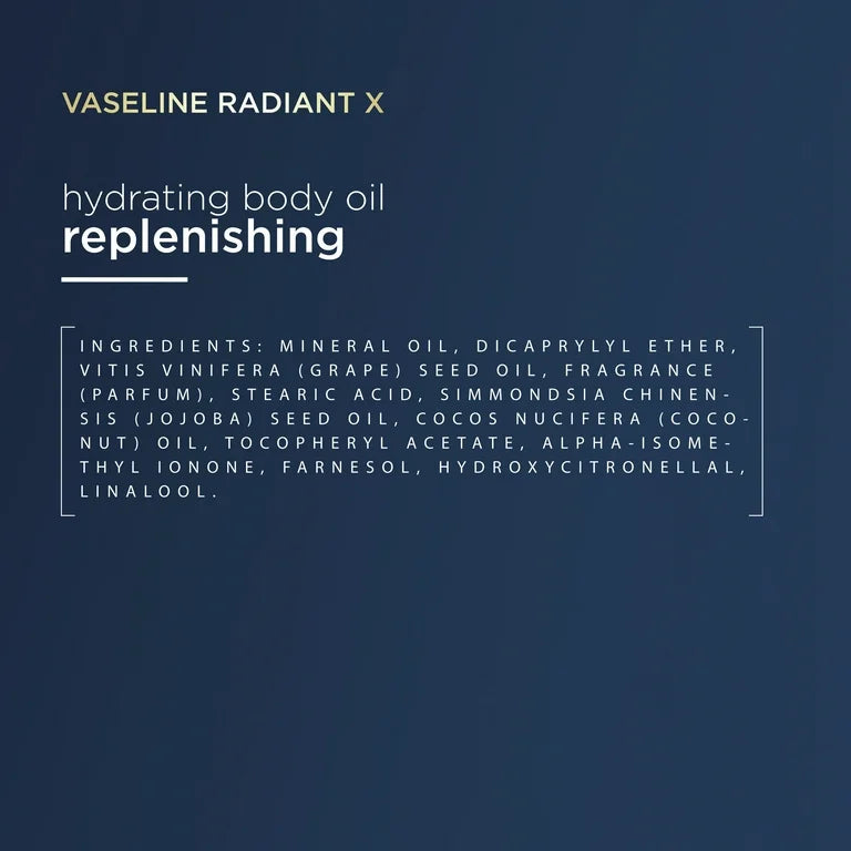 VASELINE RADIANT X REPLENISHING & HYDRATING BODY OIL WITH 1% LIPIDS JOJOBA OIL COCONUT & VITAMIN E, 3.7 oz.