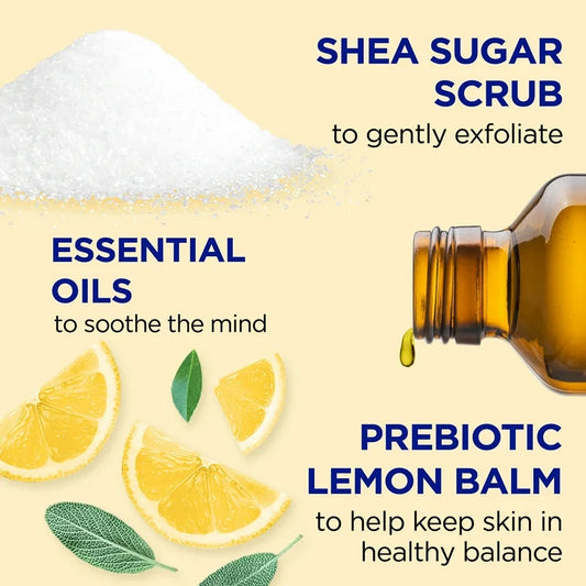 DR TEAL’S SHEA SUGAR BODY SCRUB WITH PREBIOTIC LEMON BALM AND ESSENTIAL OILS, 19oz