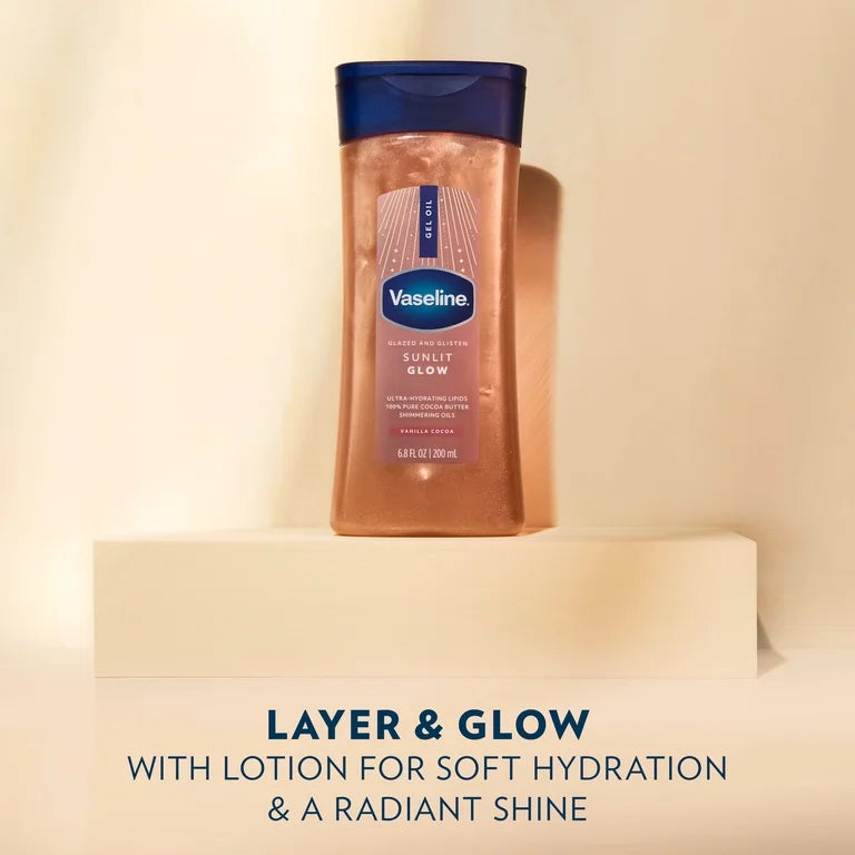 VASELINE GLAZED & GLISTEN VANILLA COCOA SHIMMERING GEL BODY OIL - SUNLIT GLOW - 200ML